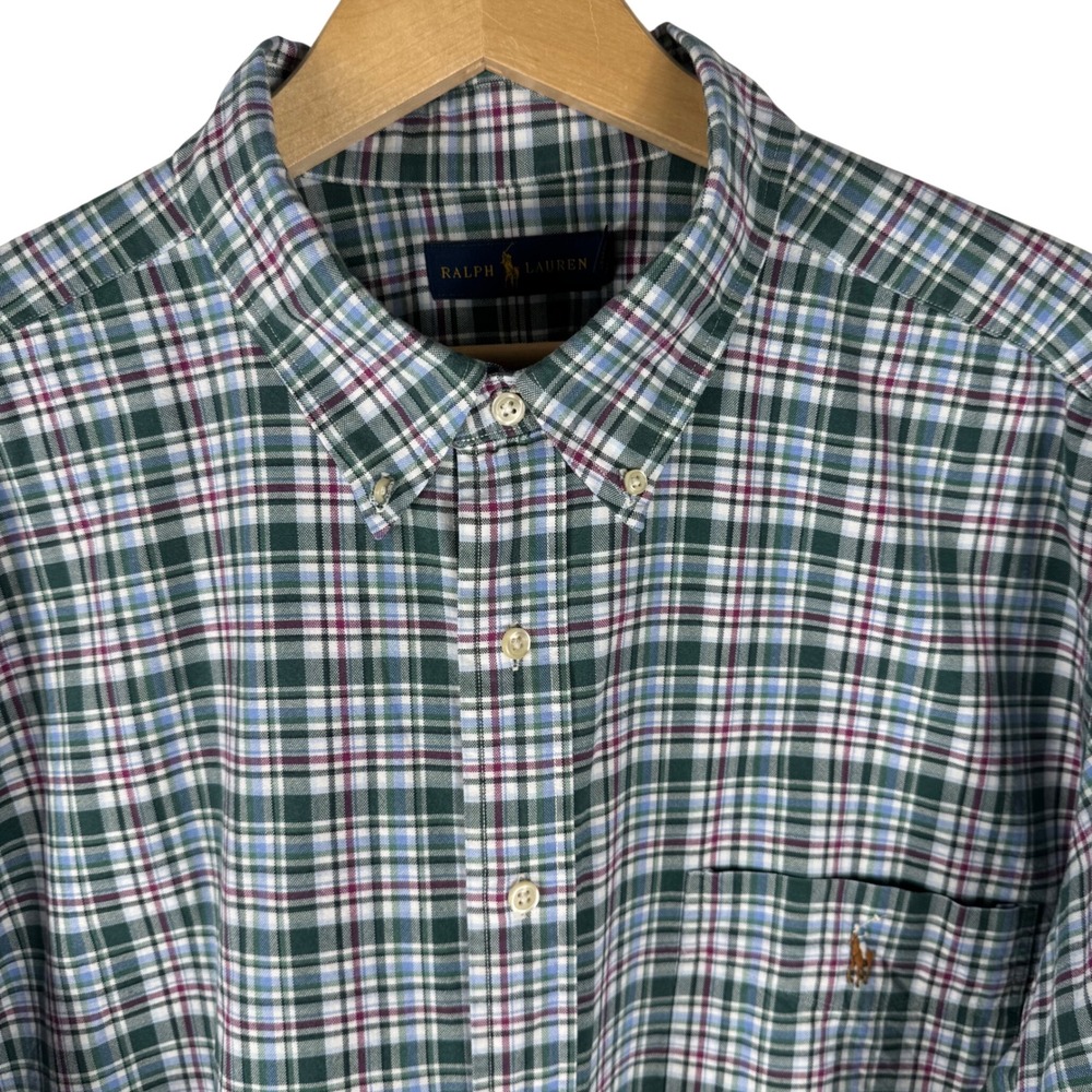 Ralph Lauren Plaid Button Down Oxford Shirt Mens 3XB Green Blue Cotton Pony
